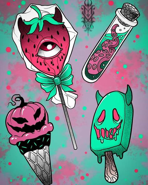 Looking for something spooky? Look no further as Mio @_moonmacabre has some sweet flash available! Pop into the studio to book your appointment and treat yourself to one of these awesome designs! ------------------------------------- #tattoos #tattoostudio #tattoosofinstagram #colortattoos #tattoosociety #tattoostagram #radtattoos #lovetattoos #tattoosocial #instatattoos #boldtattoos #customtattoos #tattoosleeves #tattooslifestyle #amazingtattoos #tattoospecial #tattooshoplife #tattoosofth Spooky Ice Cream Tattoo, Spooky Food Tattoo, Flash Tattoo Horror, Spooky Filler Tattoo Ideas, Creepy Tattoo Flash, Spooky Tattoo Flash, Sweets Tattoo, Cute Spooky Tattoos, Dessert Tattoo