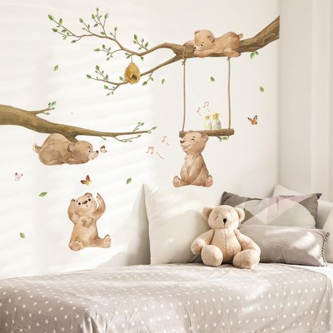 PRICES MAY VARY. The elements contain 4 brown bears playing in the forest, butterflies, birds, branches, fallen leaves and honey. Easy and cute wall decoration for your children. Material: Vinyl. Non-toxic, environmental protection, waterproof. Easy to apply, remove and reuse without leaving damage or residue. Very easy to assemble and great focal point in your kids room, baby nursery, playroom, classroom, baby girls and boys room. It can be stuck to walls, furniture, tiles, mirrors and windows, Teddy Bear Baby Nursery, Baby Nursery Murals, Honey Bee Nursery, Woodland Bedroom, Nursery Wall Painting, Bee Nursery, Tree Branch Wall, Wood Nursery, Nursery Mural