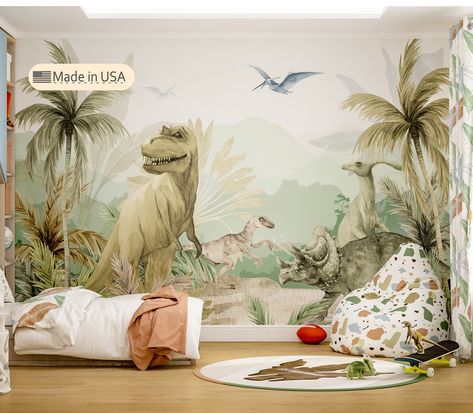 Large Dinosaur T-Rex Wallpaper Peel & Stick, Jurassic World Wallpaper Kids, Custom Wall Mural Toddler Boy Bedroom, Teen Boy Room Wallpaper Green Removable Temporary Classroom Daycare Your kid is full of excitement about the dinosaur world and is ready for a real adventure, isn't he? Create a dinosaur Jurassic world full of exciting creatures and plants, and let the journey begin! Wade through the wild woods, follow the dinosaurs & learn more about them in a playroom you create with Buburoom. 𝐓? Jurassic World Wallpaper, Boys Room Wallpaper, Kindergarten Wallpaper, Dinosaur Wall Decals, Ink Water, Dinosaur Wallpaper, Teen Boy Room, Nursery Mural, Dinosaur Wall Art