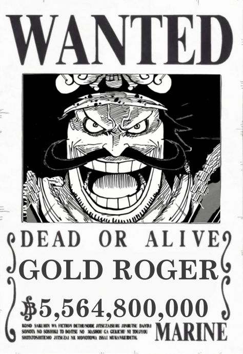 Gol D. Roger,known to most as Gold Roger,was a legendary pirate who was known as the Pirate King, captain of the Roger Pirates, and owner of the legendary treasure known as "One Piece".  #onepiece #onepiecemanga  #onepiecefanart #onepiecefan #goldroger #king #pirates #treasures #treasurehunt #legend #boss #captain #manga #anime Gold Roger Wanted Poster, One Piece Pirates, Gold D Roger, Roger Pirates, King Of The Pirates, Snorlax Pokemon, Gol D Roger, One Piece Bounties, One Piece Tattoos