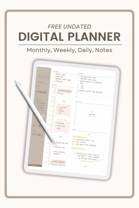 Mockup of my free and undated Monthly, Weekly, and Daily Planner! Organisation, Goodnotes Template Free Weekly Planner, Goodnotes Template Free Daily Planner, Good Notes Daily Planner Template Free, Digital Agenda Template, Free Agenda Template, Good Notes Templates Daily Planner, Ipad Calendar Template Goodnotes, Journal Ideas Aesthetic Digital