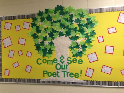 Our class poetry bulletin board-- "Come and See Our Poet Tree" Poetry Bulletin Board Ideas, Bulletin Board Ideas Middle School, Poetry Month Bulletin Board, Literacy Bulletin Boards, Poetry Bulletin Board, Poetry Lesson Plans, April Bulletin Boards, Middle School Bulletin Boards, Spring Poetry