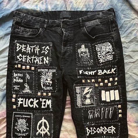 Silas on Instagram: "More custom jeans. Dm me or follow the link in my bio for requests and custom orders. ☠️⛓️☠️ #punk #crust #crustpunk #crusty #patchwork #patchedjeans #patch #patches #punkpatches #crustjeans #crustpants #handmade #diy #customjeansjacket #customjeans #mst #dbeat" How To Add Patches To Jeans, Punk Crust Jacket, Patch Shorts Punk, Goth Jeans Diy, Crust Patch Ideas, Patch Jeans Punk, Crust Punk Diy, Punk Jeans Diy, Punk Crust Pants