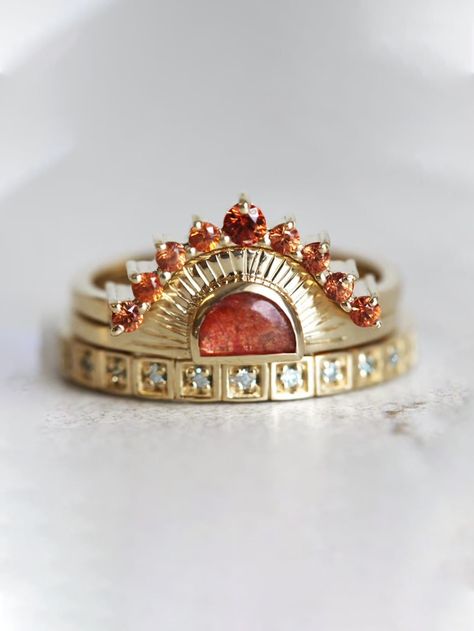 Gold Collar Zinc Alloy Embellished Women's Fashion Jewelry Sunset Ring, Sun Wedding, Bohemian Style Rings, Boho Engagement Ring, Sunstone Ring, Unique Engagement Ring, Orange Sapphire, Diamond Ring Settings, Engagement Ring Set