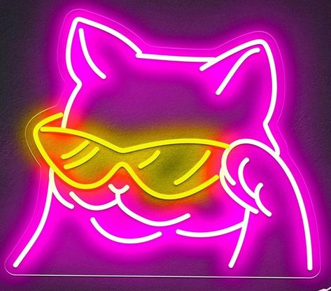 "Size: 14\" X 12\" inches  Cool Cat Radiance Fun Pink LED Night Light with Sunglasses for Wall Decoration! Bring a splash of feline charm to your space with the Cool Cat Radiance LED Night Light, a burst of vivid pink and playful vibes! Perfect for creating a trendy and lively atmosphere, this fun light adds a touch of cool cat magic to your walls. Cool Cat Illumination:    - Infuse your space with the playful spirit of a cool cat with sunglasses.    - The fun pink Cool Cat with Sunglasses desig Neon Cat Sign, Cat Neon Sign, Light For Room, Cat With Glasses, Neon Cat, Cat Lead, Kitchen Lighting Ceiling, Cat Light, Smiling Cat