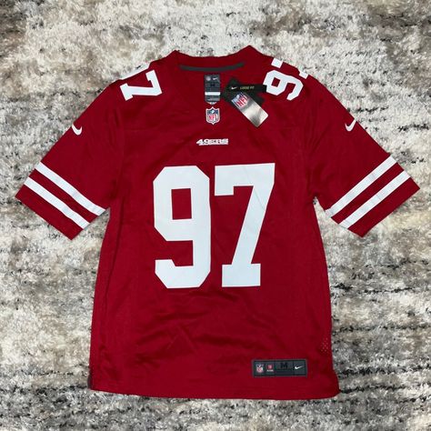 Brand New With Tags Red Jersey Basketball Jersey Outfit Mens, Nfl Jersey Outfit, Red Soccer Jersey, Red Football Jersey, Basketball Jersey Outfit, 49ers Jersey, American Football Shirt, Nick Bosa, Varsity Jacket Outfit