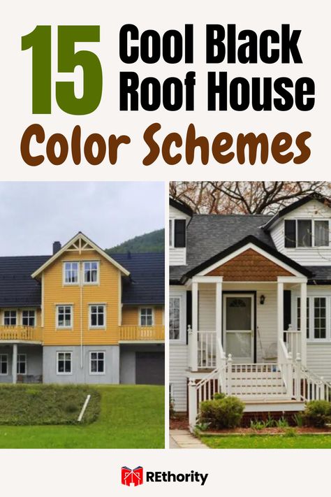 If you're looking for a unique style for your home, you'll love these 15 cool black roof house color schemes! Whether you're aiming for a modern look or a timeless classic, these color combinations are sure to make your house stand out from the crowd and give it the perfect finishing touch. From contemporary to traditional and everything in between, the options are endless. Ready to find the perfect look for your home? Keep reading to explore our favorite black roof house color schemes! Houses With Black Roofs Exterior Colors, Black Roofs Color Schemes, Black Roof Beige House, Outdoor House Color Schemes, Black Roof House Exterior Colors, Exterior Paint Colors For House With Black Roof, Houses With Black Metal Roofs, Black Metal Roof Houses, Exterior House Colors Black Roof