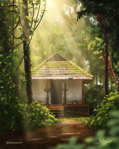 Nature, Kerala Scenery Drawing, Kerala Background Images For Editing, Kerala Painting Scenery, Morning Landscape Painting, Indian Village Illustration, Kerala Temple Photography, Kerala Landscape, Village Images