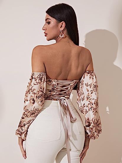 Glamorous Get-Togethers: Off Shoulder Party Looks Tie Back Blouse, Indian Bridal Fashion, Floral Print Tops, Crop Top Blouse, Shein Tops, Crop Blouse, Fashion Lookbook, Blouse Vintage, Lantern Sleeves