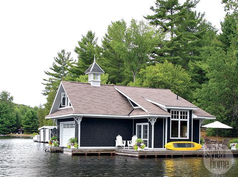 Style at Home Rustic waterfront renovation Canadian Homes, Lodge Aesthetic, Waterfront House, Boat Garage, Lake Houses Exterior, House Lake, Lakefront Living, Pool House Plans, Cottage Lake