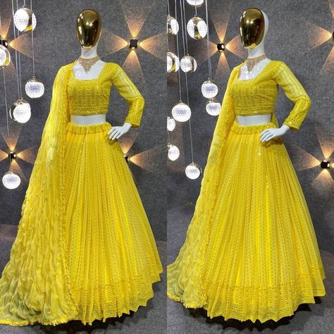 Elevate your look with these stunning Bollywood-inspired lehenga cholis! Perfect for weddings, festivals, and parties. Available in yellow and stitch up to size S, M, L, XL (max 44 inches). Made from fox georgette by Skyview Fashion in India. #IndianFashion #BollywoodStyle #LehengaCholi #WeddingAttire #PartyWear #eBay #eBayStore #eBaySeller #SkyviewFashion #Lengha #India #FoxGeorgette #Doesnotapply #Women #Yellow https://ebay.us/nDueEA Wedding Chaniya Choli, Bollywood Lengha, Indian Designer Lehenga, Stylish Lehenga, Lehenga Fabric, Georgette Lehenga, Sabyasachi Lehenga, Stitched Lehenga, Yellow Lehenga