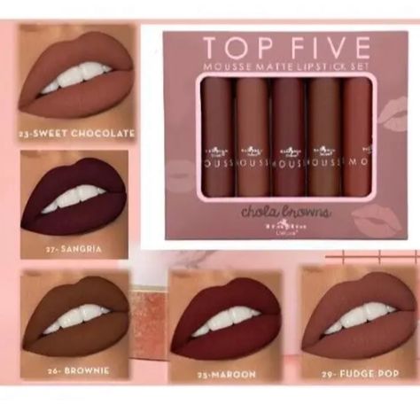 5 Mousse Matte Lipstick Set. Lipstick Colors Included 27-Sangria, 29-Fudge Pop, 26-Brownie, 25-Maroon, 23-Sweet Chocolate Chocolate Lipstick, Italia Deluxe, Maroon Lipstick, Fudge Pops, Matte Lipstick Set, Brown Lipstick, Cocoa Brown, Lipstick Set, Curvy Dress