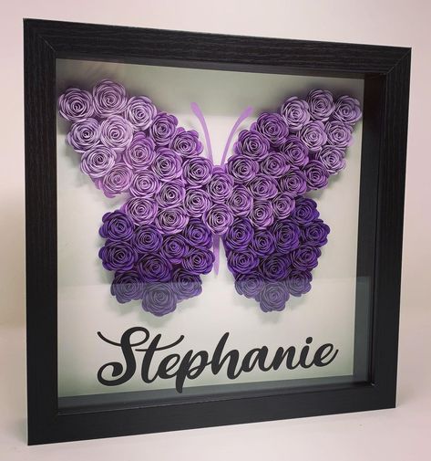 Floral Shadow Box, Ombre Butterfly, Angel Purple, Diy Flower Wall, Personalized Shadow Box, Rolled Paper Flowers, Flower Shadow Box, 1st Birthday Banners, Paper Flower Decor