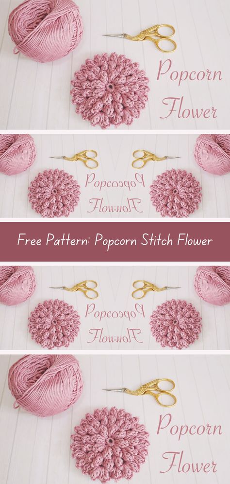 Free crochet pattern for popcorn stitch flower. Perfect for all skill levels. Add texture and charm to your projects! How To Knit Flowers, Small Crochet Flowers Free Pattern, Crochet Leaf Free Pattern, Crochet Popcorn Stitch, Popcorn Stitch Crochet, Crochet Projects To Sell, Crochet Decorations, Free Popcorn, Macrame Flower