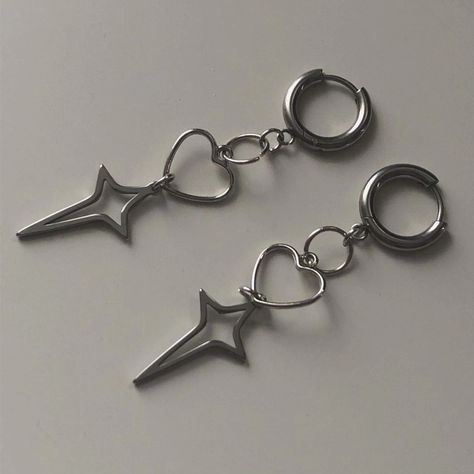 Korean Y2k, Y2k Earrings, Silver Star Earrings, Y2k Jewelry, Punk Earrings, Star Cross, Hollow Heart, Heart Hoop Earrings, Free Socks