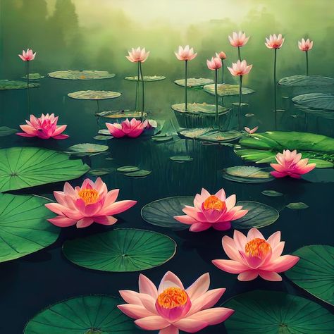 Lotus Illustration Art, Lotus Flower Wallpaper Backgrounds, Lotus Painting On Wall, Lotus Hd Wallpaper, Lotus Pond Illustration, Lotus In Water, Canvas Painting Buddha, Red Maple Tree Landscaping, Lotus Flower Background