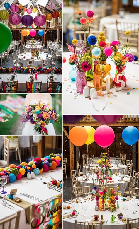 Cheap Colorful Wedding, Colourful Backyard Wedding, Festival Themed Table Decorations, Rainbow Wedding Favors, Colorful 40th Birthday Party, Whimsical Event Decor, Multi Colour Wedding Theme, Multicolor Wedding Decor, Multicoloured Wedding Theme