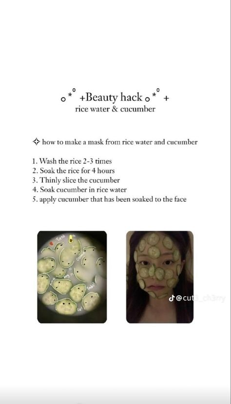 White screen, white, pretty girl, cucumbers, green cucumbers, black letters, words, rice water boil, pot, stars, dots, numbers, words Healthy Skin Tips, Beginner Skin Care Routine, Cucumber For Face, Bios Para Instagram, Clear Healthy Skin, Natural Face Skin Care, Good Skin Tips, Basic Skin Care Routine, Perfect Skin Care Routine