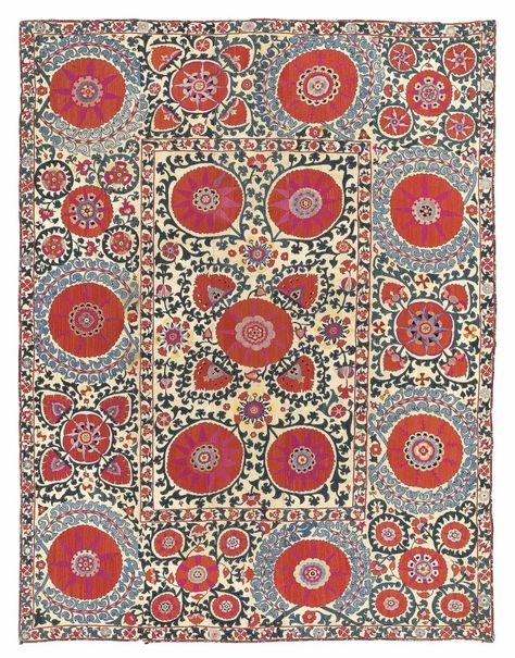 A FINE AND EARLY SUSANI SHAKRISHABZ, UZBEKISTAN, CIRCA 1800 The natural cotton ground embroidered in Roumanian couched stitch with a broad border of rosettes, the field composed of central flower with four corner rosettes, with unusual light blue leaf circles to the borders 85 x 110¼in. (216 x 280cm.) Tela, Carpet Design Pattern, Suzani Rug, Motifs Textiles, Rugs Boho, Asian Textiles, Dark Carpet, Textil Design, Art Textile