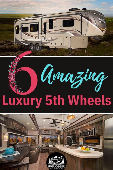 Camping and RV road trips don't have to spent "roughing it"! Trying glamping in style with these amazing fifth wheel RVs. Check out this review of 6 luxury 5th Wheels details interior layout photos, floorplan,  RV specs, and cost. Equipped with outdoor kitchens, and some with 2 bathrooms and 2 bedrooms, and plenty of storage. #rvblogger #5thwheel #fifthwheel #luxuryrv #luxury5thwheel #glamping #rvbedroom #rvbathroom #rvtypes #rvstyles #rvbunkhouse #rvbunkbeds #2bathroomrv 5th Wheel Living, 5th Wheel Travel Trailers, Luxury Rv Living, Luxury Fifth Wheel, Luxury Campers, 5th Wheel Camper, 5th Wheel Rv, Fifth Wheel Campers, Rv Dreams