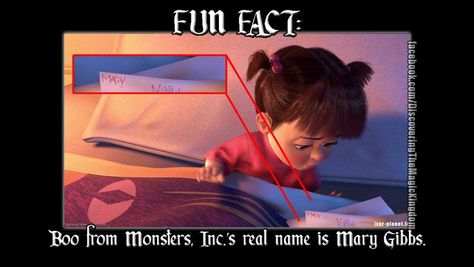 FUN FACT: Monsters Inc: Boo from Monsters, Inc. ' s real name is Mary Gibbs. Description from pinterest.com. I searched for this on bing.com/images Disney Secrets, Disney Fun Facts, Film Facts, Disney Facts, Disney Movie Trivia, Movie Trivia, Disney Theory, Crayon Drawings, Facts You Didnt Know