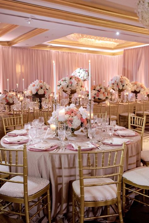 Pink Sweet 16 Decorations Backdrops, Pink And White Sweet 16, Pink Quince Theme, Gold Quinceanera Theme, Quince Centerpieces, Rose Gold Quince, Gold Chairs, Rose Gold Quinceanera, Quince Decor