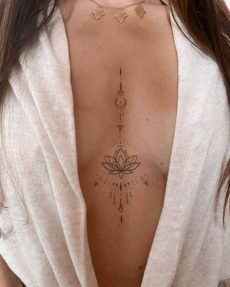 Small Center Back Tattoo Women, Simple Women’s Sternum Tattoo, Phoenix Tattoo Feminine Sternum, Chest Tattoo Dragonfly, Womans Chest Tattoo Ideas, Chest Tatoos Woman, Tattoos For Women Sternum, Cross Sternum Tattoo, Tattoo Chest Girl