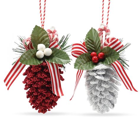 String Christmas Tree, Red And White Ornaments, Peppermint Candy Ornaments, Pinecone Crafts Christmas, Pine Cone Art, Christmas Pine Cones, Pinecone Ornaments, Glitter Red, Pine Cone Decorations