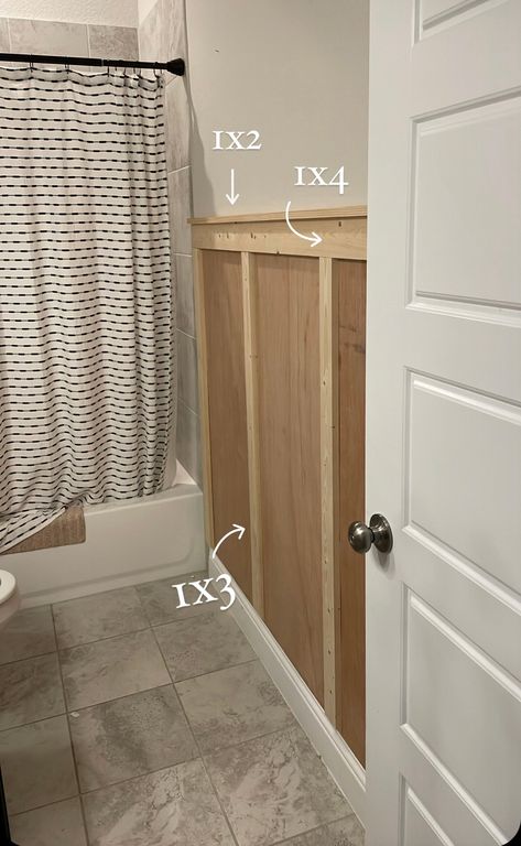 Woodwork In Bathroom, Batten Board Walls In Bathroom, Board And Batten Wall In Small Bathroom, Bathroom Decor Board And Batten, Cheap Remodeling Ideas Bathroom, Black Wall Guest Bathroom, Paint Only Bathroom Makeover, Guest Bath Update, Small Bathroom Ideas Narrow