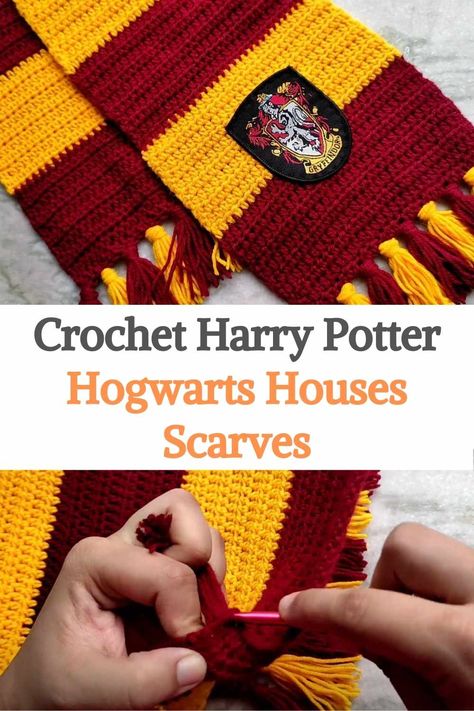 Harry Potter House Scarf Crochet, How To Crochet Harry Potter Scarf, Crochet Harry Potter Scarf Pattern Free, Hufflepuff Hat Crochet Pattern, Gryffindor Crochet Scarf, Hogwarts Scarves Crochet, Crochet Hufflepuff Scarf Free Pattern, Hogwarts Crochet Scarf, Harry Potter House Crochet