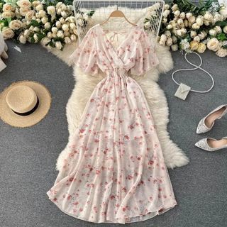 Buy Lucuna Short-Sleeve Floral Midi A-Line Dress at YesStyle.com! Quality products at remarkable prices. FREE Worldwide Shipping available! Long Dress Korean, فستان زهري, Floral Long Dress, Eco Friendly Dress, Preppy Aesthetic Outfits, Printed Beach Dresses, Dress Korean, Korean Fashion Summer, Elegant Midi Dresses