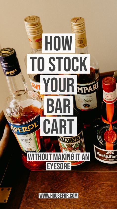 Basic Bar Cart Essentials, Bar Cart Staples, Liquor Cart Decor, Bar Cart Essentials List, Bar Cart Basics, Coastal Bar Cart Decor, At Home Bar Essentials, Stocking A Home Bar, Decorative Bar Cart