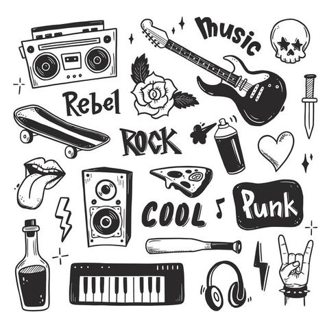 Punk Doodles, Rock And Roll Tattoo, Rock N Roll Tattoo, Rockstar Tattoo, Tatoo Music, Punk Rock Art, Music Doodle, Pola Tato, Drawing Rocks