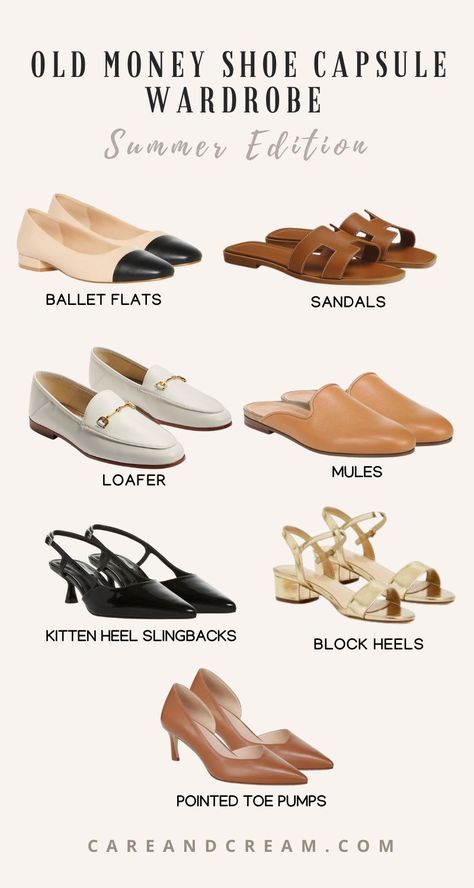 The Ultimate Old Money Summer Shoe Capsule Wardrobe Basics For Summer Outfits, Women Flat Shoes Classy, Old Money Outfits Loafers, Classy Flat Sandals, Luxury Style Aesthetic, Old Money Outfits With Loafers, Shoes 2024 Women, Basic Footwear For Women, Work Outfits Women Flat Shoes