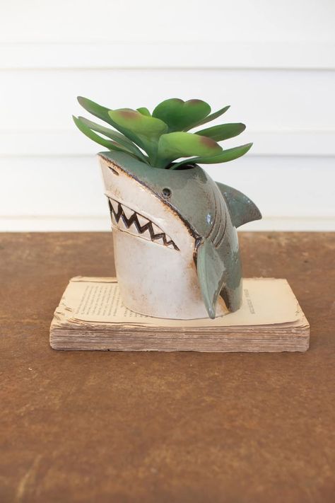 PRICES MAY VARY. Dimension(in): 8(L) x 6.5(W) x 6(H) KALALOU CDV2160 CERAMIC SHARK PLANTER. Dimension(in): 8(L) x 6.5(W) x 6(H). . Ceramic Shark, Pottery Plant Pots, Succulent Display, Organic Furniture, Weird Gifts, Planter Table, Themed Room, Ceramic Pots, Ceramics Ideas Pottery