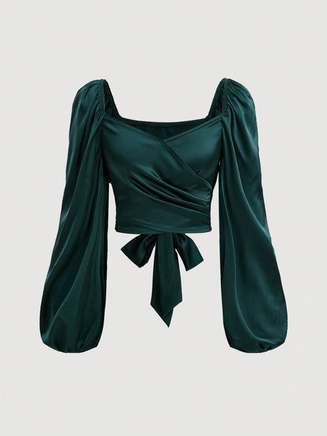 Dark Green Elegant Collar Extra-Long Sleeve Woven Fabric Plain Top Embellished Non-Stretch  Women Clothing Suprise Dance Outfits, Emerald Green Outfit, Jazz Outfits, Women's Wardrobe Essentials, Evening Mini Dresses, Blouse Casual Fashion, Dinner Dress Classy, Fashion Top Outfits, Fancy Tops