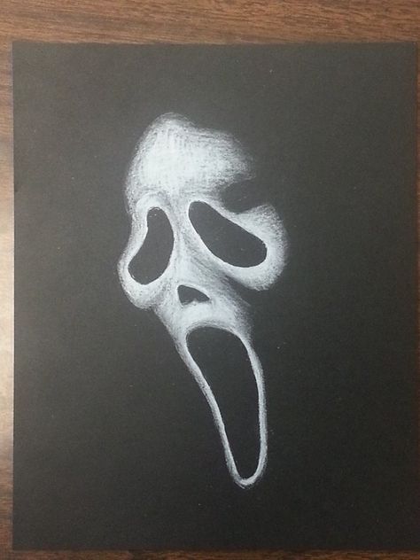 Ghostface Pencil Drawing, Halloween Drawings On Black Paper, What To Draw On A Black Paper, Black On White Drawing, Halloween Art On Black Paper, Black Page Drawing, Black White Drawing Ideas, Stuff To Draw On Black Paper, Drawing On Black Paper Ideas