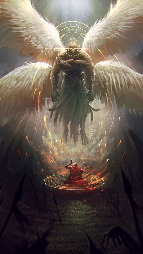 Angels of the higher orders cannot be summoned by even the most powerful sorcerers. More often than not, the sorcerer will accidentally summon one of the Fallen. In this case, if ANY part of the ceremony fails, the results can be catastrophic. Dark Fantasy Artwork Mythology, Angel Demon Art, Vampire Fantasy Art, Demonic Angel, Angelic Demon, Fantasy Angels, Light Knight, Demon Artwork, Angelo Guerriero