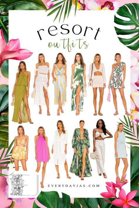 Dinner At Beach Outfit, Bali Shopping Clothes, Hotel Outfit Ideas Summer, Summer Themed Outfits, Pool Dress Summer Outfits, Elegant Beach Outfit Classy, Vacation Tropical Outfits, Summer Theme Party Outfit, Summer Outfit Mood Board