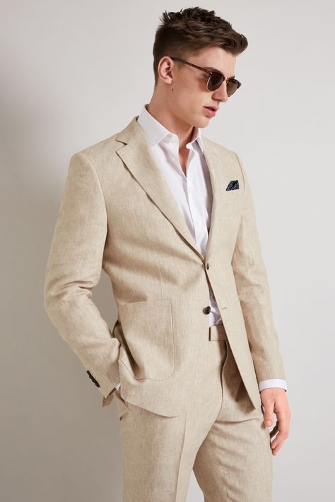 Hardy Amies Stone Linen Suit Jacket Tailored Fit Single Breasted Summer Blazer | eBay Beige Suits For Men, Linen Suits For Men, Beach Wedding Suits, Summer Suits Men, Wedding Tuxedos, Linen Wedding, Tan Suit, Beach Suit, Dinner Suit