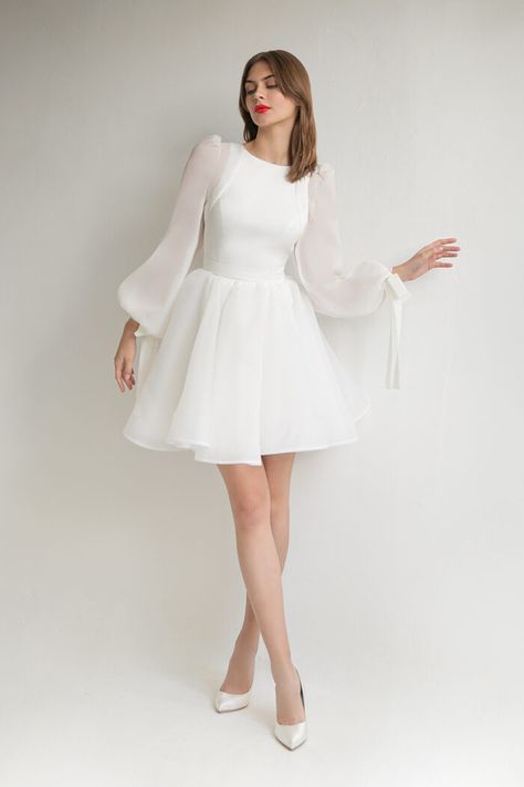 FILICI mini + ERIKA blouse / Dresses / Svadba Wedding Short Dresses Simple, Long Sleeve White Party Dress, Short Aline White Dress, White Dress With Pearls Short, Short Long Sleeved Wedding Dress, Short Silk Wedding Dresses, Long Sleeves White Dress, Short Dress For Reception, Bridal Exit Dress