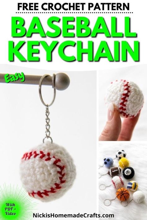 Amigurumi Patterns, Crochet Football Keychain Pattern Free, Crochet Baseball Free Pattern, Crochet Baseball Keychain Pattern Free, Crochet Soccer Ball Keychain Free Pattern, No Sew Crochet Keychain Patterns, Quick And Easy Crochet Keychain, Cheerleading Crochet Patterns, Christmas Crochet Keychain Pattern