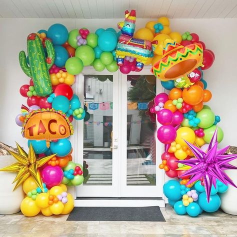 PRICES MAY VARY. Packaging Include:135pcs latex balloon(red, yellow, tiffany blue, fruit green, orange, rose red),4pcs mexican fiesta theme foil balloons(hat balloons,taco balloon,cactus balloons,alpaca balloon),14pcs 18.1*5.9in cone foil balloons(gold,rose red),1 pcs balloon chain(16ft) and 1 roll of balloon glue dots. Decorative Tips: The balloon chain decorative strip can help you create mexican fiesta cinco de mayo theme party balloons arch,the glue dots can fix the balloons where you want,m Fiesta Theme Party Balloon Arch, Fiesta Balloon Decorations, Mexican Theme 50th Birthday Party, Fiesta Theme Balloon Arch, Mexican Theme 30th Birthday Party, Cinco De Mayo First Birthday Boy, Cinco Birthday Party Kids, 3 Esta Party, Coco Themed Party