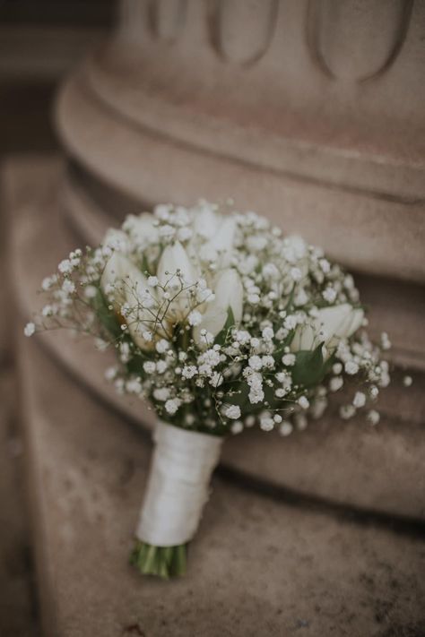 White Tulips And Baby Breath Bouquet, Bokay Flowers Wedding, Simple Flower Wedding Bouquet, Gypsophila And Tulip Bouquet, Bridal Tulip Bouquet, Bouquet Tulips Wedding, White Gypsophila Bouquet, Wedding Decorations Tulips, White Simple Bridal Bouquet