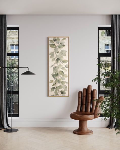 Long Pictures On Wall, Tall Narrow Wall Decor Ideas, Vertical Canvas Painting Ideas, Tall Wall Decorating Ideas, Leaves Painting Canvas, Long Vertical Wall Art, Sage Green And Beige, Vertical Artwork, Beige Watercolor