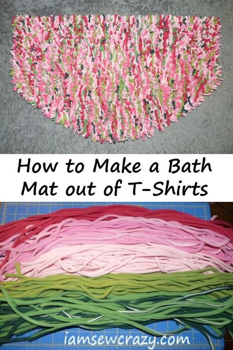 "This fun, high-pile bath mat is made from upcycled t-shirts! It's machine-washable, and you can customize the size and colors to suit your style and bathroom decor... make it bright and fun, or more muted and classic. Because t-shirts are so easy to find, it makes a very inexpensive project. In fact, you probably already have the materials on hand! I also share a cool trick that I use to keep the mat from sliding around on my floor. Check out the easy-to-follow tutorial and make your own!& Tela, Diy Bath Mat, Gamle T Shirts, Diy Bath Mats, Rag Rug Diy, Rag Rug Tutorial, Braided Rug Diy, Braided Rag Rugs, Rug Tutorial