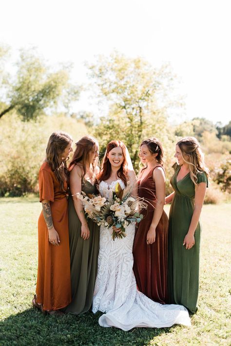 4 Bridesmaids Different Colors, Fall Wedding Green Dress, Fall Wedding Color Palette Bridesmaid Dress, Terra Cotta Wedding Dress, Green And Floral Bridesmaid Dresses, Earthy Color Bridesmaid Dresses, Fall Boho Wedding Bridesmaid Dresses, Sage And Terracotta Wedding Party, Boho Fall Wedding Bridesmaid Dresses