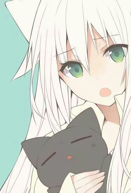 Anime girl, , cat ears, , neko, , neko mimi, , white hair, , green eyes, , black cat White Hair, Anime, Hair, Green, White