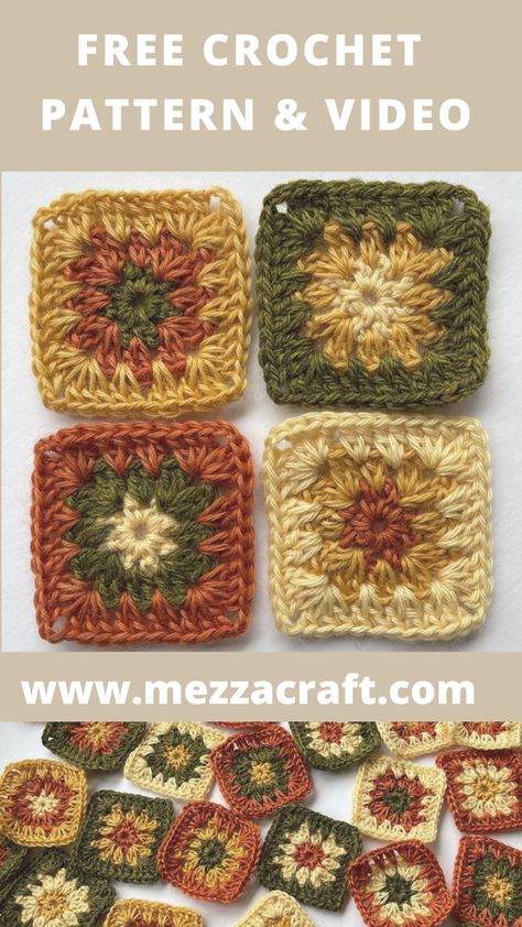 Crochet granny squares made in will - yellow, vanilla, green and orange Granny Square Crochet Pattern Classic, Crotchet Blankets Granny Square, Knitting Granny Squares Pattern, Type Of Granny Square, Cute Easy Granny Square, Easy Cute Granny Squares, Crochet Square Tutorial Videos, Granny Square Crochet How To, Grannysquares Crochet Pattern