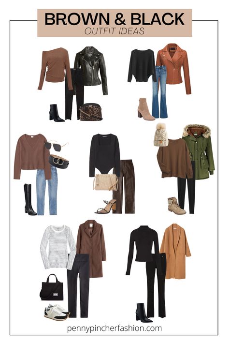 Brown And Black Combination Outfit, Brown Colour Combination Outfit, Brown Color Combinations Outfits, Brown Clothes Aesthetic, Brown And Black Outfit, Black Outfit Ideas, Black Fall Outfits, Penny Pincher Fashion, Coated Leggings